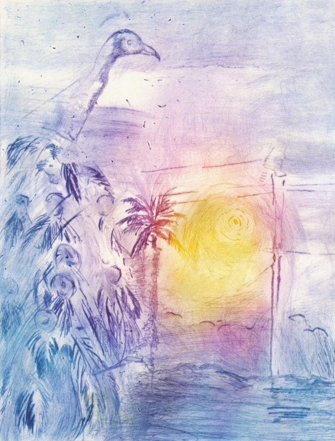 picture of a peacokc, the sun and palm trees in purple yellow and blue