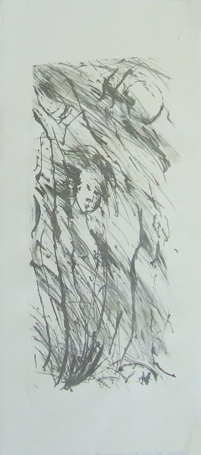 A picture of a partly scene girl among the trunks of gum trees