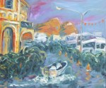 An oil painting of a Townsville St with mangroves and a tinnie sailing down the street